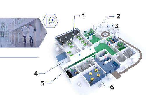 3D pogled na bolnicu sa pregledom dijelova u kojima se mogu primjeniti Resistex protuprovalni zidovi i sustavi.