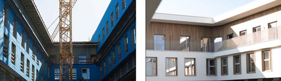 Slike prikazuju dvije faze implementacije drvo-cementnih ploča Duripanel na vanjskim zidovima