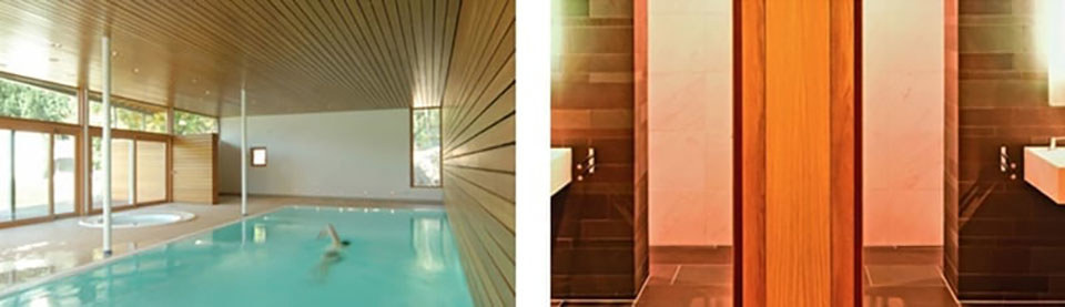 Slika lijevo prikazuje implementaciju cementnih ploča Hydropanel u bazenu za plivanje Wellersberg, a slika desno u VIP loži Lufhanse u Minhenu