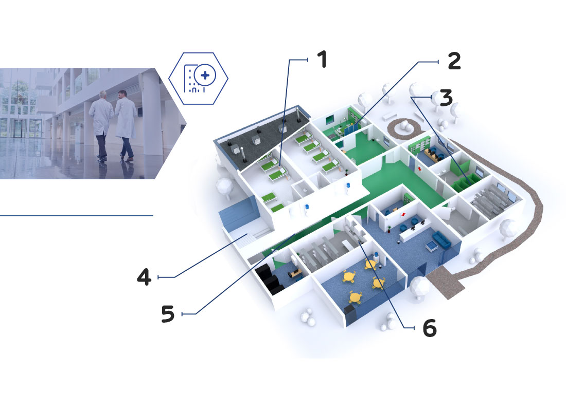 3D pogled na bolnicu sa pregledom dijelova u kojima se mogu primjeniti Resistex protuprovalni zidovi i sustavi.