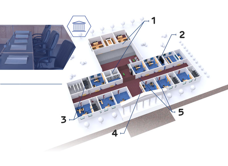 3D pogled na javnu zgradu sa pregledom dijelova u kojima se mogu primjeniti Resistex protuprovalni zidovi i sustavi.