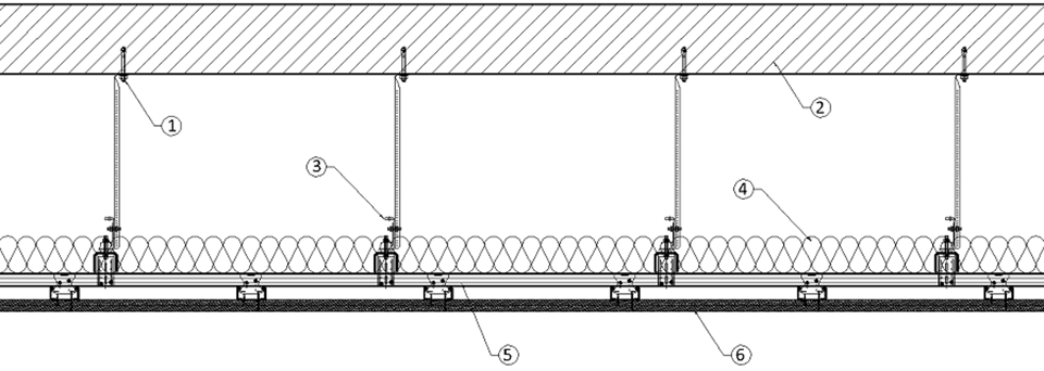 Tehnički crtež spuštenog stropa za zvučnu izolaciju od gipskartonskih ploča NIDA Acoustic