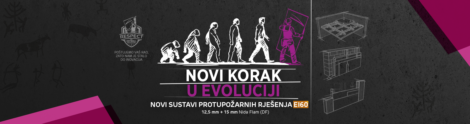 Slika nekoliko skica prostora na desnoj strani i glavnim motivom evolucije čovjeka koja završava sa montažerom koji nosi ploču.